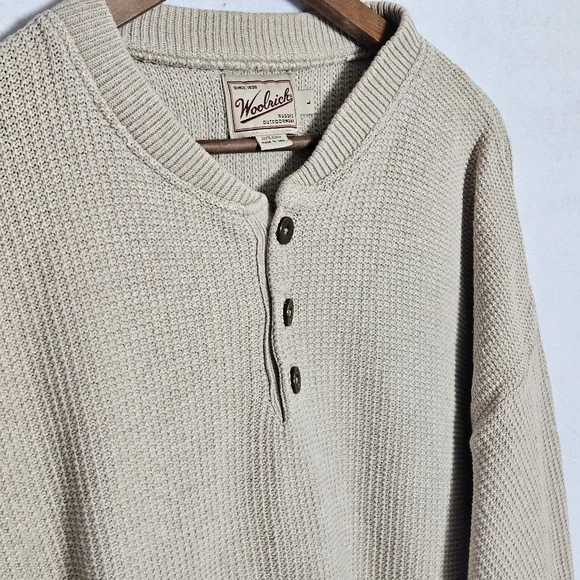 Vintage 90s Woolrich Hand Framed Button Henley Tan Sand Sweater Mens Large - Picture 2 of 13
